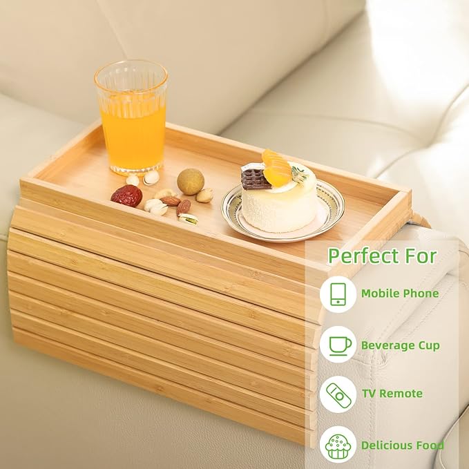 GEHE Bamboo Sofa Arm Tray, Foldable Couch Arm Tray Side Table, Anti-Falling Armrest Tables Cup Holder for Snacks, Drinks, Beers, Phone, Control, Flexible and Portable, Anti-Slip