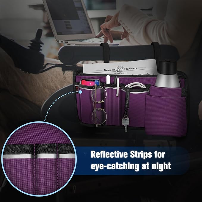 FINPAC Wheelchair Side Storage Bag w/Cup Holder, Wheelchair Armrest Accessories Pouch with Pen Slot and Reflective Strips for Power Walkers, Rollators, Seniors - Purple