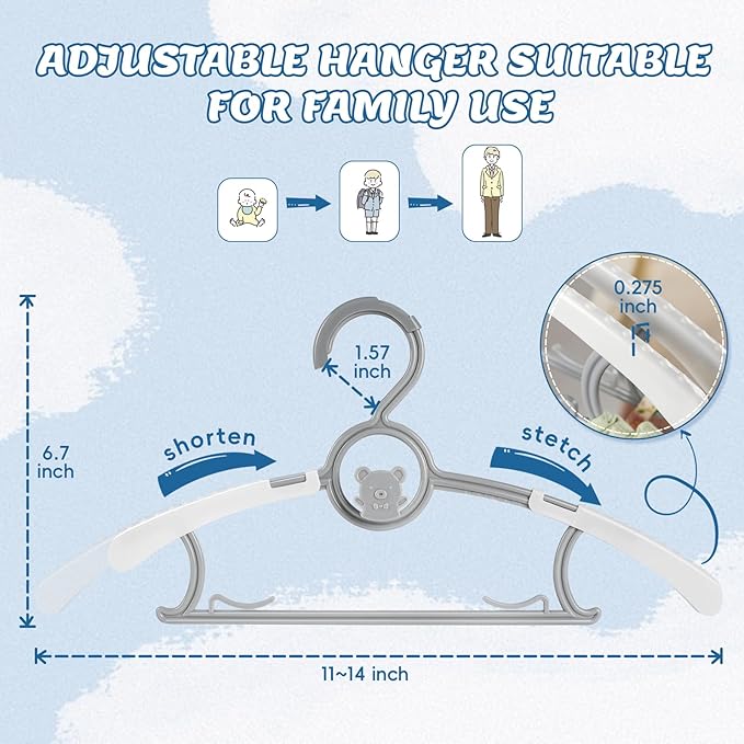 Baby Hangers 60 Pack Kids Hangers-Extendable Adjustable Non-Slip Plastic Kid Hangers for Closet，Stackable Baby Clothes Hangers for Toddler Kids Children Infant Teen,Grey Bear Toddler Hangers