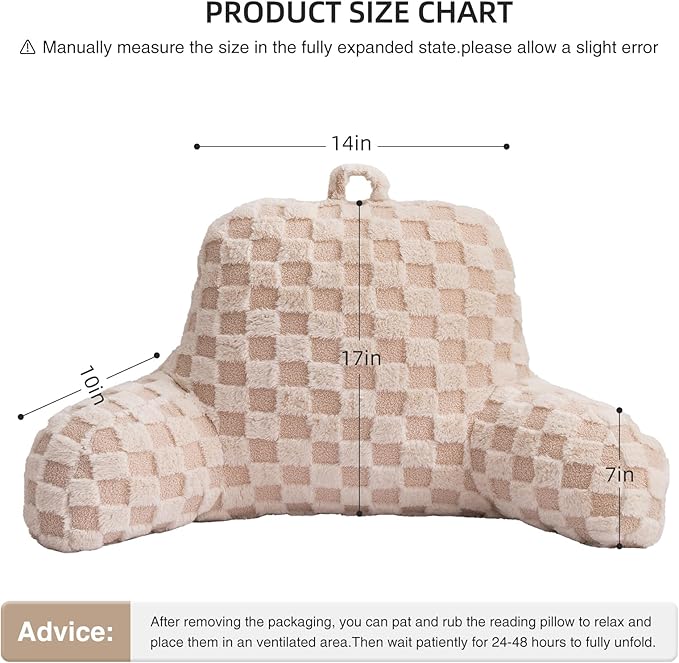 Aimuan Reading Pillow Checkered Bed Rest Wedge Backrest Checkerboard Pillow with Arms Back Support for Sitting Up in Bed Cushion Incline Rest Sleeping Snoring Pillow (Beige,Standard)