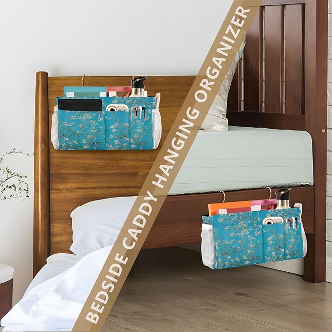 Bedside Caddy for Dorm Bed Bedside Hanging Caddy Bag Iron Frame Storage Organizer Pocket for Bunk Home College Hospital Beds 2 Hooks