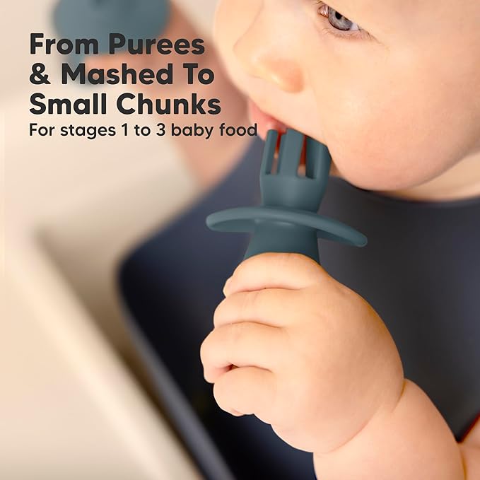 KeaBabies 4-Pack Silicone Baby Spoons and Forks Set - Baby Spoon Self Feeding, BLW Baby Utensils 6-12 Months, Baby Led Weaning Feeding Spoon, Teething Infant Baby First Food Training Pre Spoon (Rocky)