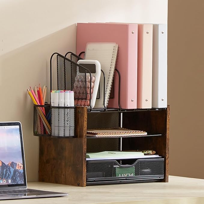 Y YOMA Wooden Desk Organizer, 4-Tier Mesh Desk Organizer with Drawer, Paper Tray & 5 Vertical File Holders, 2 Pen Holders, Desktop Organizer and Accessories for Home Office Dorm