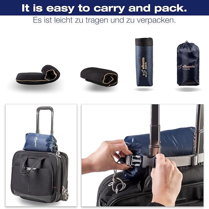 alkamto Travel & Camping Comfortable Memory Foam Pillow – Easy to Carry Portable Bag – Temperature Regulating Pillow Case (Black)