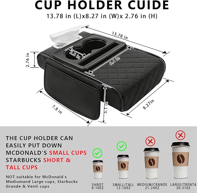 Car Armrest Cushion, Car Center Console Cover, Leather Armrest Cover for Car, Universal Middle Console Cushion with Storage Box, Cup Holder, Phone Slot, Waterproof Interior Accessories (Black)