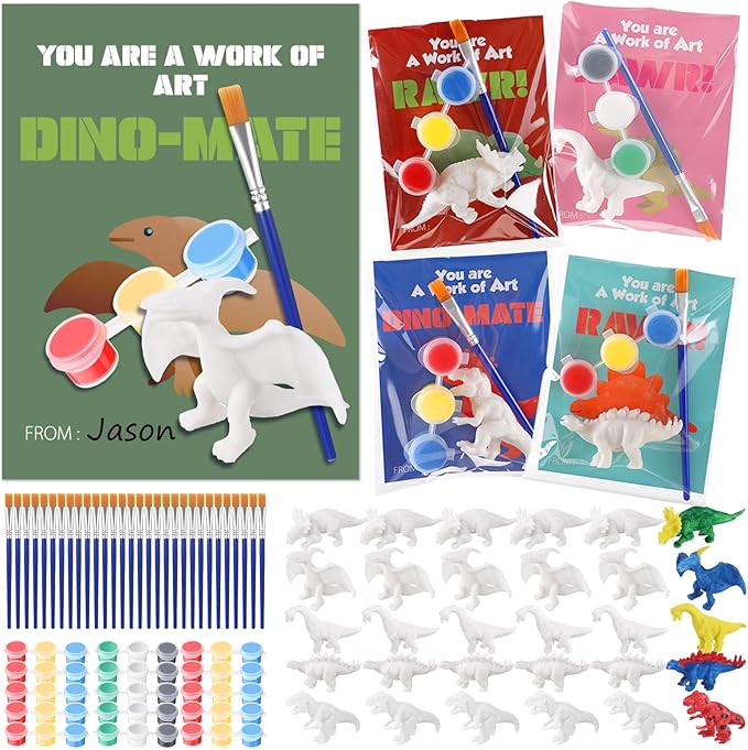 30 Sets Dinosaur Painting Kit with Valentine's Day Cards Dinosaur Figurines Arts and Crafts Exchange Gift Birthday Valentine's Day Party Favor Supplies
