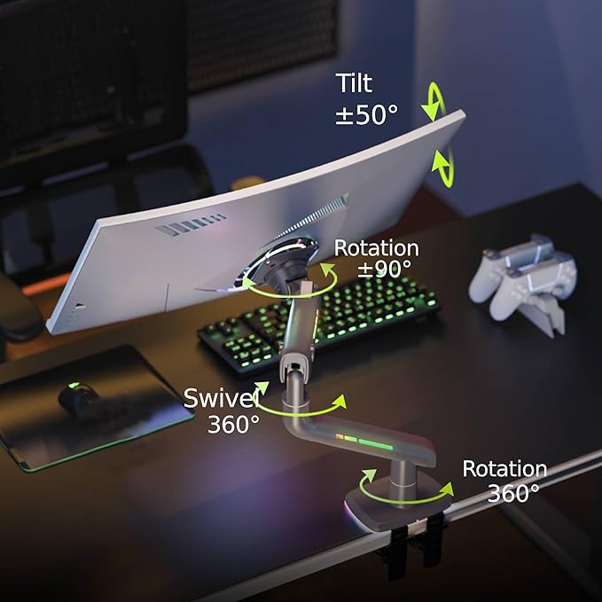 NB Gaming Monitor Arm for Screen up to 60 inches, Holds 44 lbs(20 kg), VESA 75/100, RGB Light, Heavy Duty Monitor Stand, Aluminum Ultrawide Screen Mount Height Angle Adjustable Grey Black