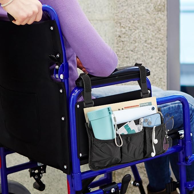 Noverlife 2 Packs Wheelchair Side Bag, Black Walker Bag w/Cup Holder Waterproof Wheelchair Armrest Pouch, Side Storage Pouch Organizer Bag Wheelchair Pouch Side Pocket for Most Seniors Wheelchairs