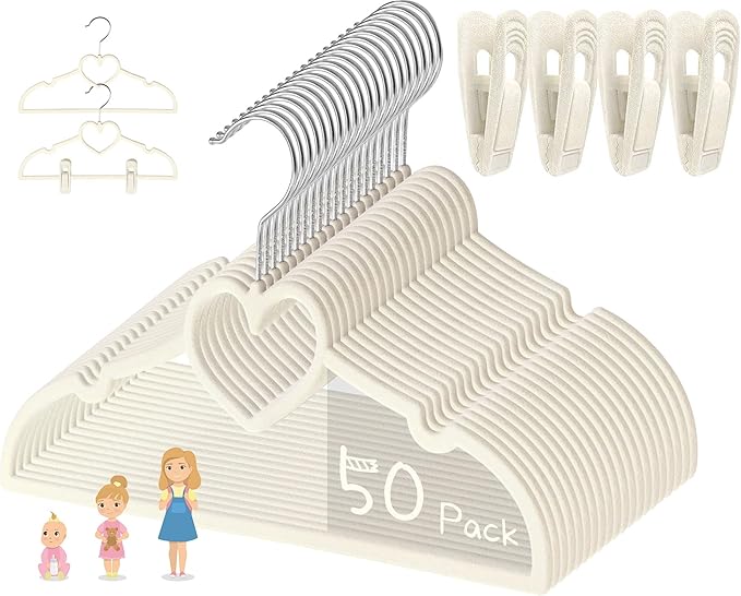 Beige Heart Velvet Baby Hangers - 50pack 13inch Toddler Hangers with 20pcs Clips,Ultra Slim and Stackable Space Saving