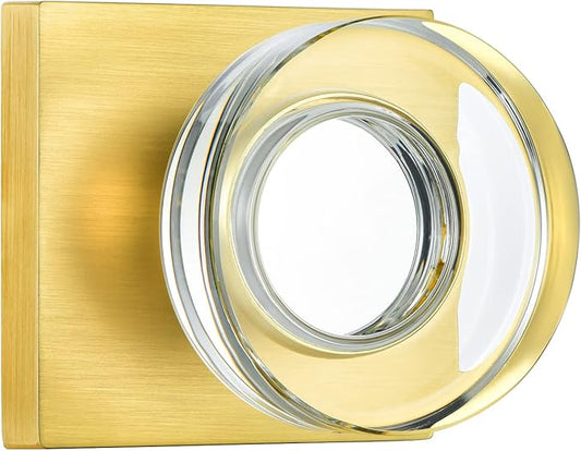 coolnews Passage Function Clear Crystal Glass Door Knobs Interior, Modern Gold Door Knob with Square Plate, Satin Brass Finish