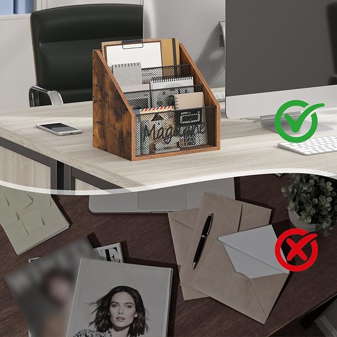 YATINEY Magazine Holder, Wood Magazine Rack Floor, Mail Organizer Countertop, Magazine Mail Holder Sorter, Record Holder for Magazines, Books, Newspapers, Tablets, Rustic Brown and Black MR02BR