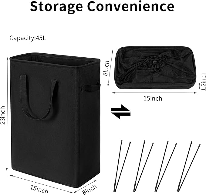 ZERO JET LAG Slim Laundry Hamper With Handles Collapsible Laundry Basket Thin Dirty Clothes Basket Narrow Laundry Bag Foldable Dirty Clothes Hamper 45L (23 inches,Black)