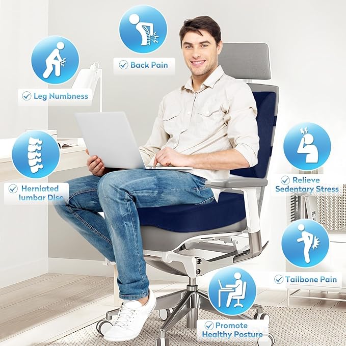 CloudBliss Seat Cushion,Office Chair Cushion,Car Seat Cushion,Lumbar Support Pillow for Office Chair,Back Support Memory Foam Pillow Coccyx Cushion for Tailbone Pain&Sciatica Pain Relief,Blue, X-Large