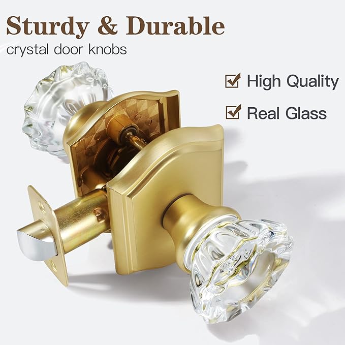 CLCTK Antique Crystal Door Knobs Interior, Passage Hall and Closet Door Knobs, Satin Brass