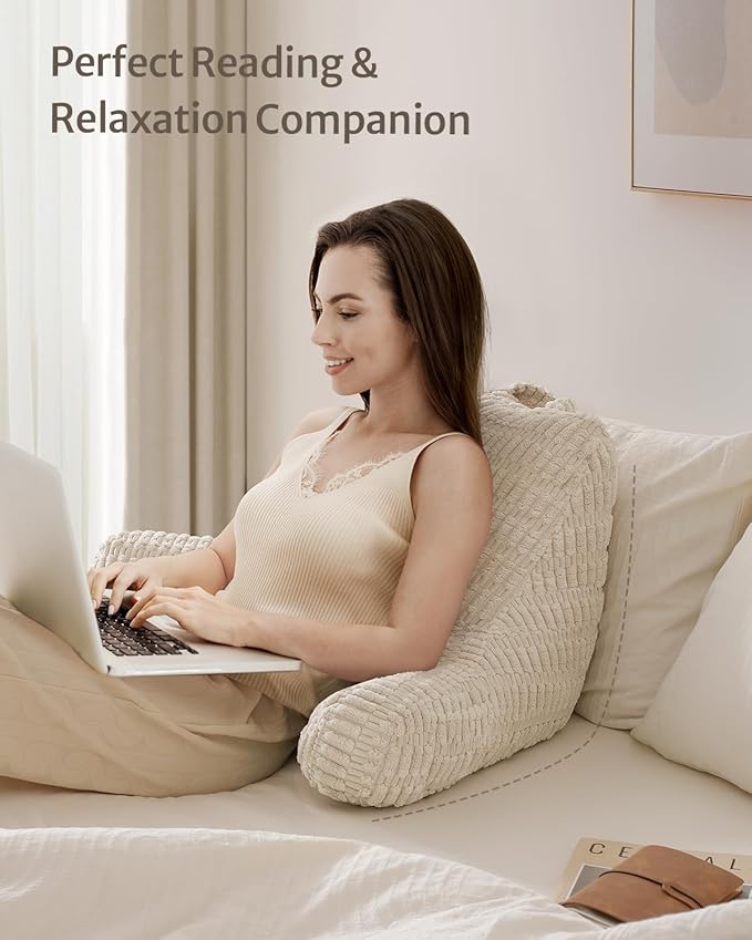 Blissful Diary Reading Pillow, Backrest Pillow with Shredded Memory Foam for Adult & Children, Designed for Bed and Couch Sitting Up, Includes Arms, Pockets and Washable Cover, Off White