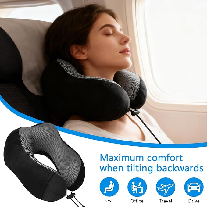 WeiTrust Travel Neck Pillow with Memory Foam - Ergonomic Support, Adjustable Buckle, Includes Eye Mask & Ear Plugs, Machine Washable Cover for Flights, Car & Office(Black)