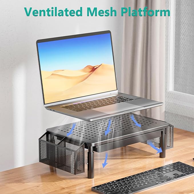 WALI Computer Monitor Stand with Storage, Desk Organizer with Drawer and Pen Holder, Desk Monitor Riser 3 Height Adjustable, Laptop Riser for Computer, Laptop, Printer (STT003DH-B), 1 Pack, Black