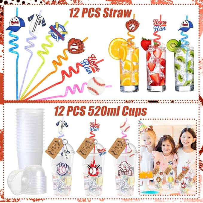 Baseball Party Favors, 172 pcs Birthday Party Supplies contains Cups, Straws, Whistles, Bracelets, Keychains, Stickers, Soft Balls, Tatoo Stickers, Thank You Tags for Sport Themed Birthday Decors