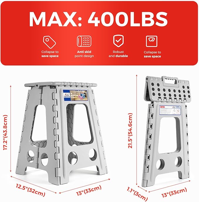 ACKO Folding Step Stool Foldable 17.5 Inch Stool 400 lbs Capacity,Plastic Stools for Adults and Kids,Collapsible Stool for Kitchen, Stepping Stool with Handle(Grey)