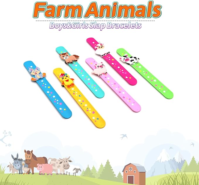 Farm Animals Slap Bracelets Party Favors for Kids(6pack)-Wild One Goodie Bag Stuffers for Boys&Girls Animals Theme Party Supplies Carnival Prizes Suit Classroom Exchanging Gifts