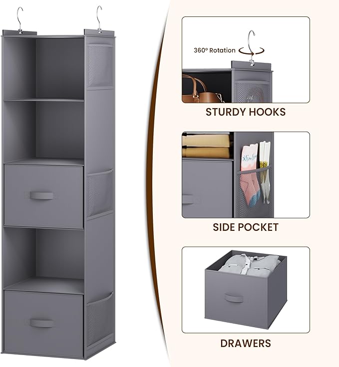 YOUDENOVA Hanging Closet Organizer, 5 Tier Hanging Closet Shelves with Drawers and 6 Side Pockets, Grey