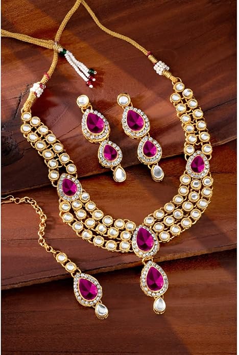 Aheli Indian Traditional Bollywood Kundan Maang Tikka Earrings Necklace Set Ethnic Jewelry Gift for Women Green Blue