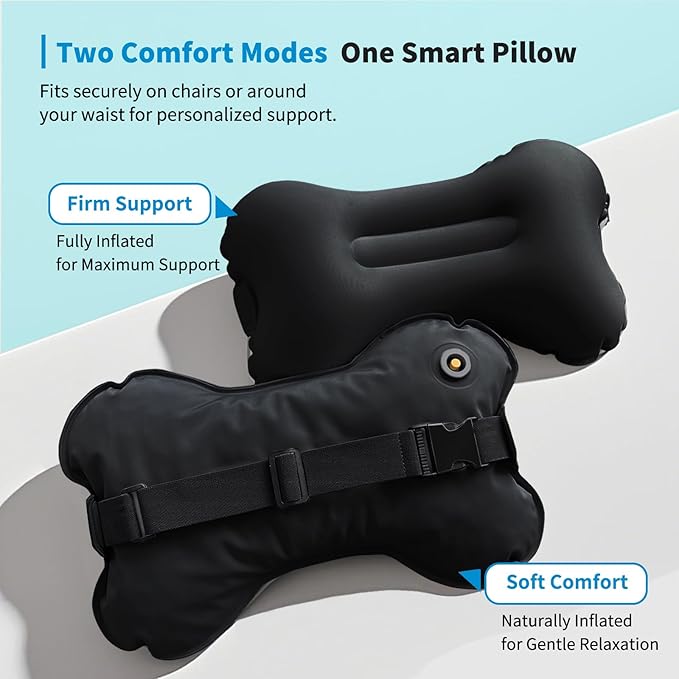 Mixtrend Travel Lumbar Pillow – Inflatable Memory Foam Back Support Pillow for Airplane, Car, Office, Long Flight, Ergonomic Travel Cushion for Lower Back Pain Relief – for Men, Women, Kids, Black