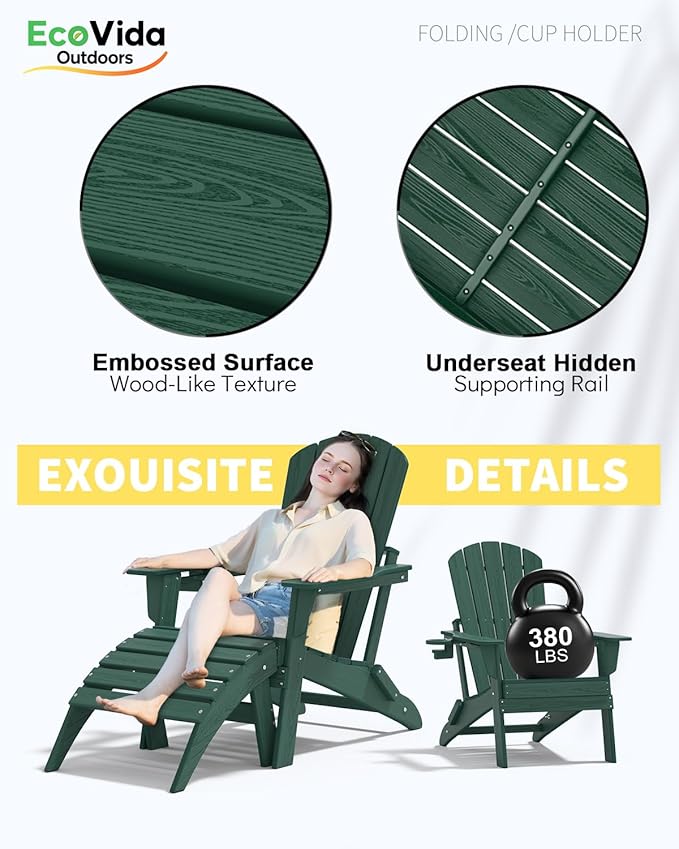 3-Piece Folding Adirondack Chair Set - 38" Extra Tall Back & Embossed Wood Grain, Oversized HDPE Patio Furniture with Side Table & Cup Holders, 380lb Heavy Duty, Green