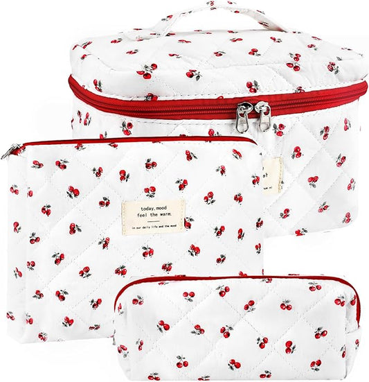 URSKYTOUS 3Pc Cotton Quilted Makeup Bag for Women Extra Large Coquette Small Floral Travel Cosmetic Bag Set Cute Cherry Makeup Pouch Portable Toiletry Bag Organizer Vintage Puffy Essential Storage Bag