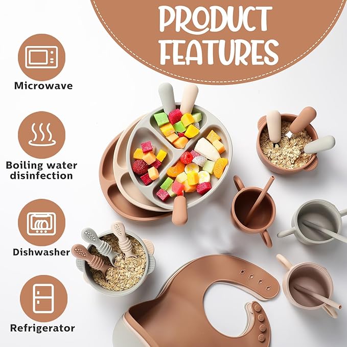 24 Pack Silicone Baby Feeding Set Baby LED Weaning Supplies Includes Suction Divided Plates Soft Bowl Spoons Forks Adjustable Bib Snack Cup and Straws(Walnut Color, Beige, Smoky Gray)