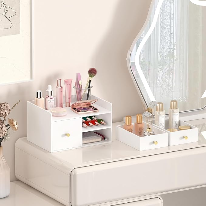 Bamboo Desk Organizer with Drawers Wooden Desktop Storage Drawers for Bills Office Supplies Kitchen Utensils Organizing Tool for Home Classroom Organization No Assembly (3 Drawer, White)