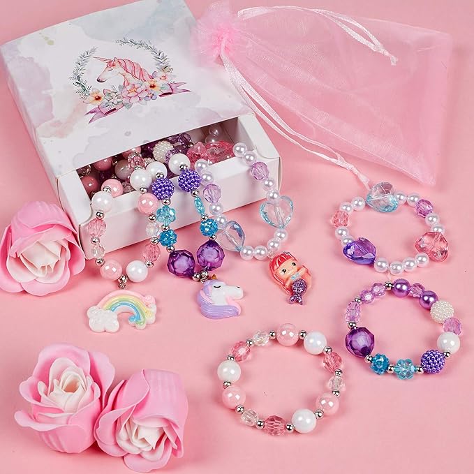 G.C 3 Sets Girl Princess Necklace Bracelet with Colorful Unicorn Mermaid Rainbow Pendant Kids Stretchy Chunky Costume Jewelry Gift Party Favors Dress up Jewelry for Little Girl Toddler(with Gift Box) (A)