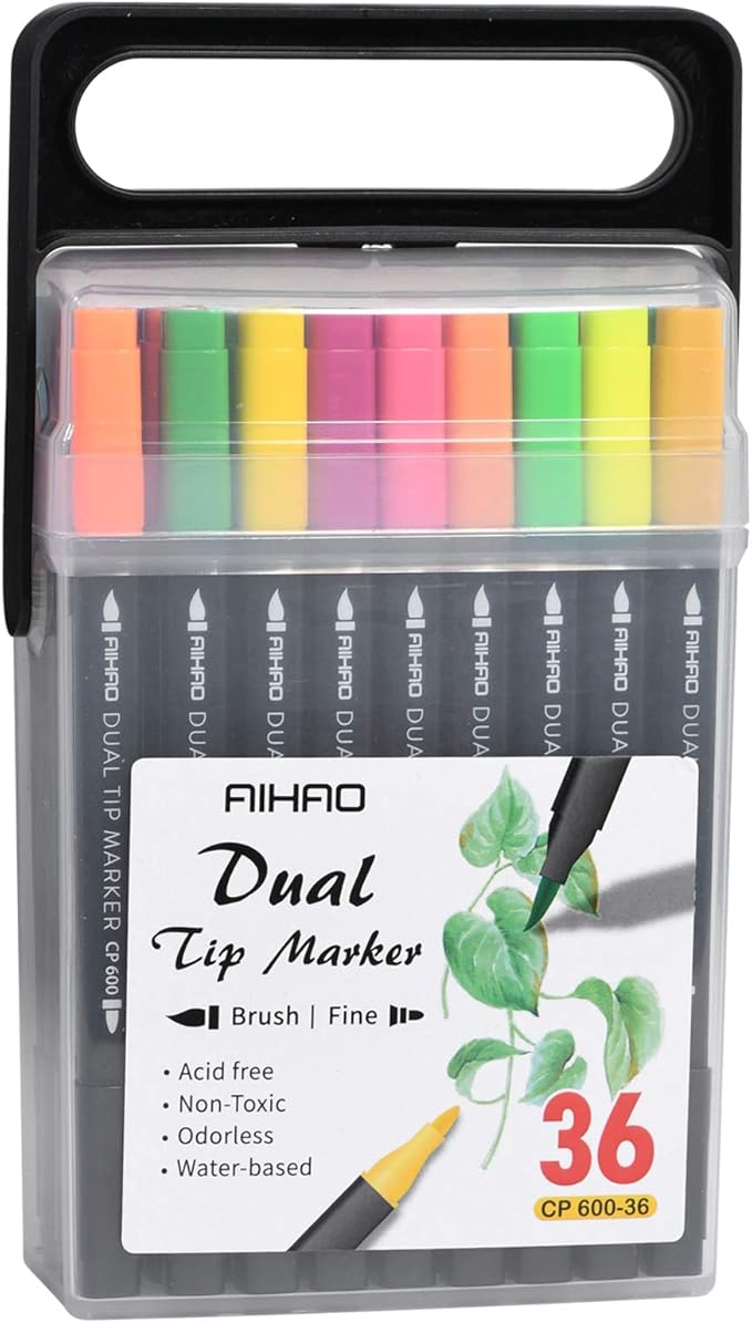 AIHAO Markers for Kids,Dual Tip Markers Set, Brush & Fine Tips, 36 Pack, Super Washable Marker With Stand Portable Box, Coloring, Doodling, Sketching, Art Supplies for Drawing, Journaling