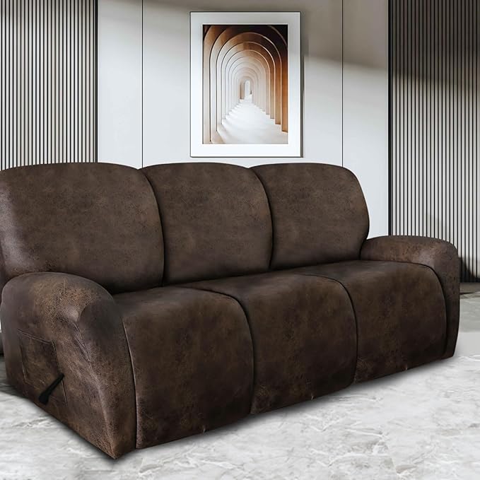 Leather Look Recliner Couch Cover 8-Piece Recliner Sofa Slipcovers 3 Seater for Reclining Couches Furniture Protector Spandex Fabric Washable (Recliner Sofa, Brown)