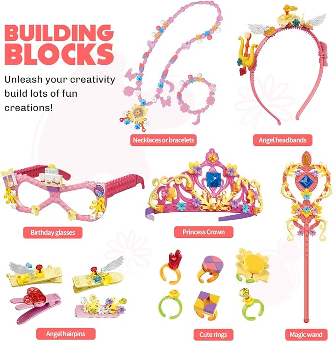 Building Blocks Toys Set for Kids Creative DIY Stacking STEM Educational Toys Fun Preschool Building Toy Includes Necklaces, Bracelets, Rings, Crown, Glasses, Hairpins, Wand
