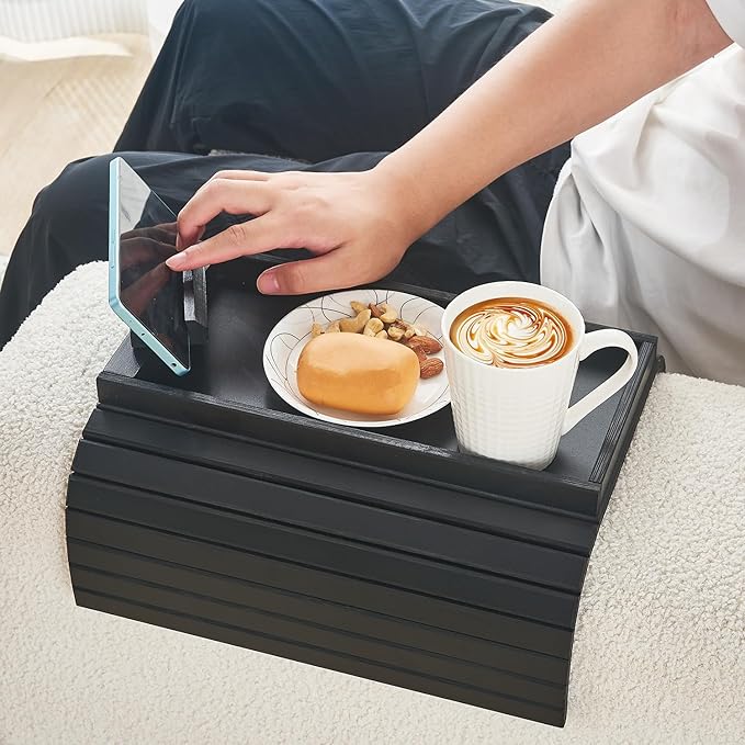 Bamboo Sofa Arm Tray Armrest Table with 360° Rotating Phone Holder, Anti Falling Couch Arm Tray, Foldable and Portable Sofa Armrest Cup Holder for Drink,Cups, Phone, Snacks, Remote