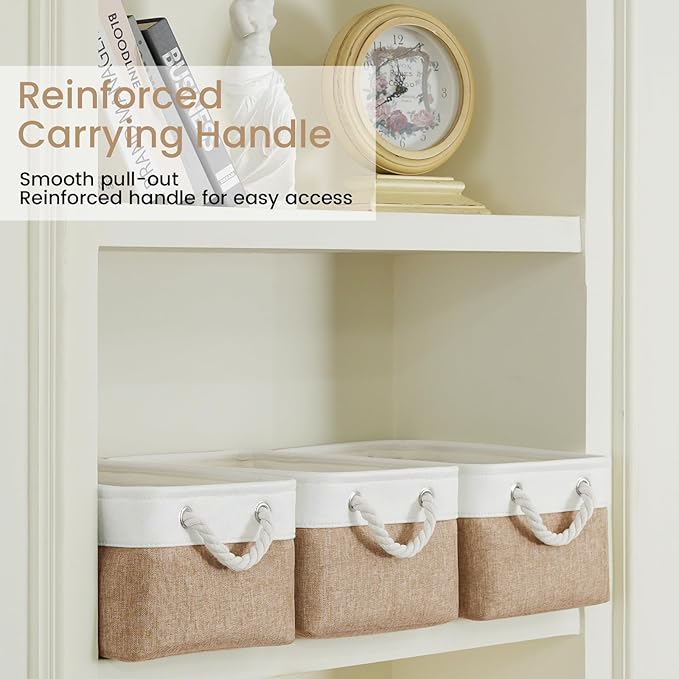 VQRTEXA Storage Baskets for Shelves 13.8x9.8x6.7 Inch, Foldable Fabric Storage Bins with Handles, Small Storage Baskets for Organizing Closet, Bathroom, Office, Home Organization (1-Pack, White&Khaki)