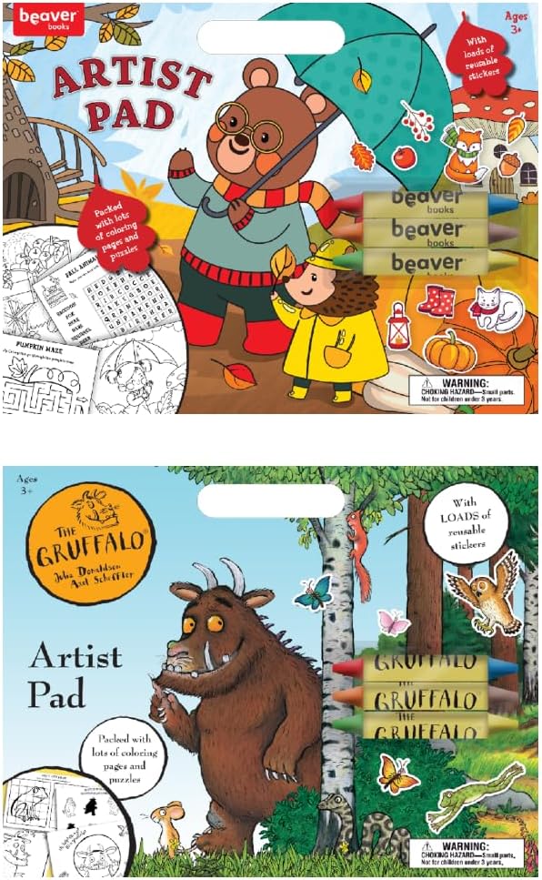 Large Artist Pad with Handle Set, Reusable Sticker Book with Coloring and Puzzle Activities for Kids 3 and Up, Includes 3 Double-Sided Crayons, Kids Art Supplies for Travel and Home