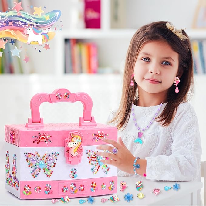 Jewelry Box for Girls, Unicorn Toys for Girls Age 4-6 Kids Jewelry Box, Toddler Girl Jewelry Set with Princess Necklaces/Bracelets/Earrings/Rings, Funny Christmas Birthday Gifts for 3-6 Year Old Girl