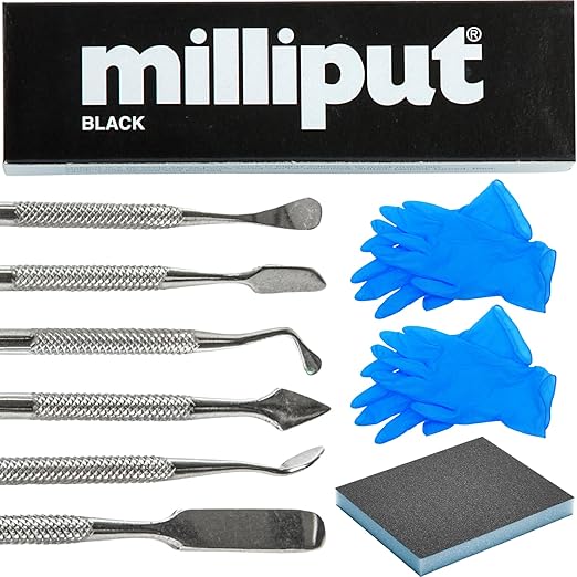 Milliput Epoxy Putty 10 Piece Set, Black Version - with Sculpting Tools, Sanding Pad and Gloves - Air Dry Moldable Plastic Plumbers Clay - Ceramic Tile, Marble and Quartz Countertop Chip Repair Kit