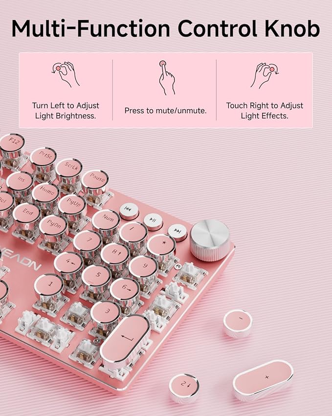 EWEADN Typewriter Style Mechanical Keyboard, Wired Typewriter Keyboards,104 Keys Backlit LED Metal Keyboards, Media Control Knob, Wired Computer Keyboard White Switch for Windows/Mac/PC-Dark Pink