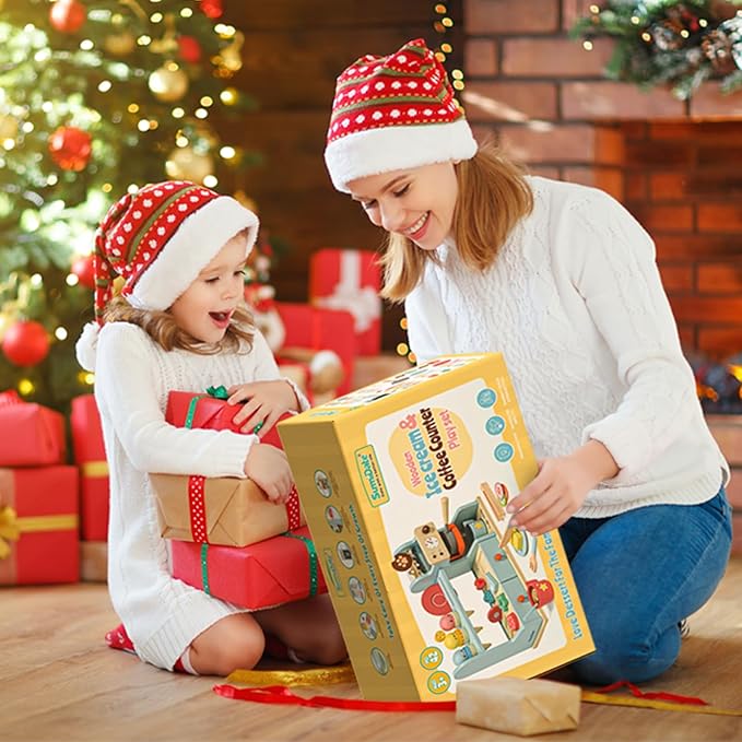 42PCS Wooden Kids Coffee Maker Toy Play Set 3 in 1 Ice Cream Dessert Maker Playset Toy,Pretend Play Food Kitchen Accessories,Montessori Shape Sorter Toy for Girl and Boy