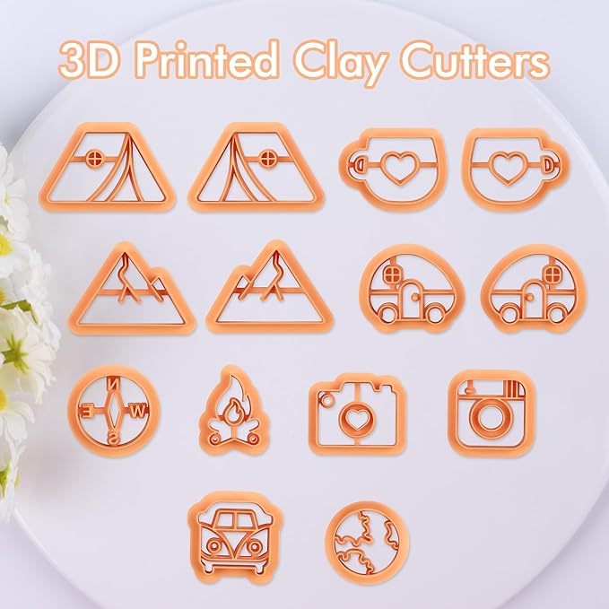 Puocaon Camping Polymer Clay Cutters - 14 Pcs Clay Cutters for Polymer Clay Earrings Making, 3D Print Camper Theme Polymer Clay Cutters, Compass Van Tents Cups Bus Hill Camera Clay Jewelry Cutters