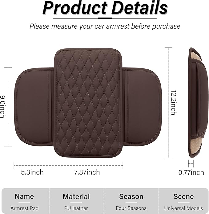 Amiss Car Center Console Cover, Upgraded Leather Car Armrest Cushion with 2 Storage Pockets, Universal Waterproof Cushion Pad, Non-Slip Car Interior Accessories, Fits Most Sedans SUVs Trucks (Brown)