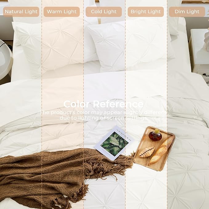 Sasttie Queen Comforter Set, 7-Piece Bed in a Bag, Pintuck Bedding Sets for All Season, Includes Comforter, Flat Sheet, Fitted Sheet, Pillowcases and Pillowshams, Ivory