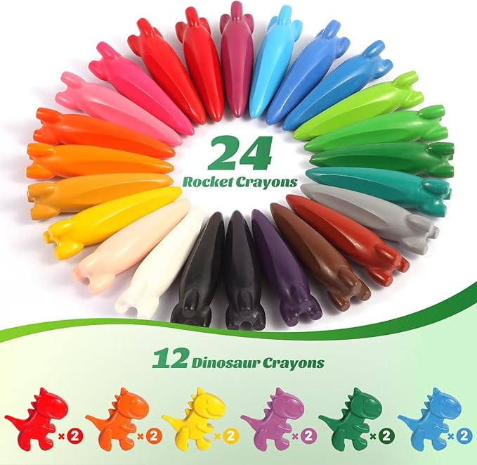 DreamCandy Rocket and Dinosaur-Shaped Crayons,36PCS Non Toxic Washable Toddler Crayons for Kids and Toddlers,Art Supplies Drawing Coloring Crayon Set,Gift for Boys and Girls,Back to School