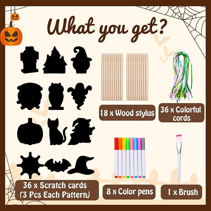 Garma Scratch Paper Craft for Kids - 36 Pcs Halloween Magic Rainbow Scratch Paper Off Cards Set for Kids Crafts Arts Supplies Halloween Ornaments Party Games Classroom Activities Birthday Gifts