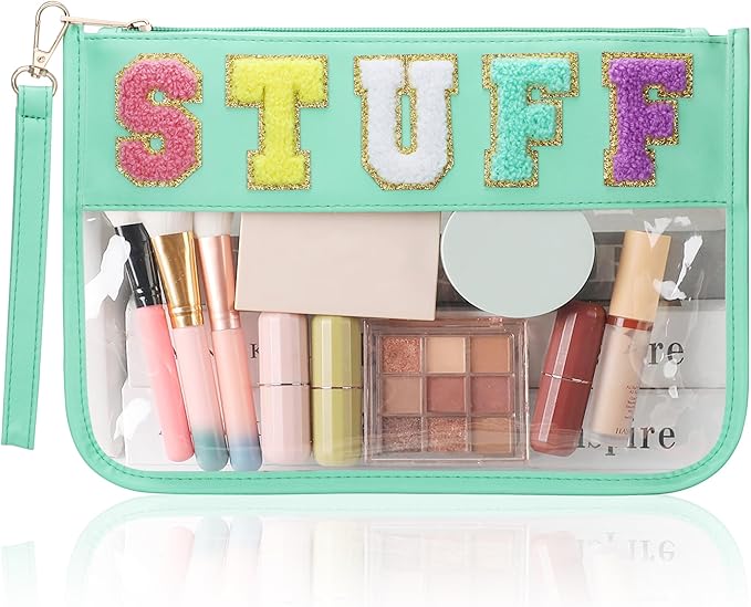 BuyCard Clear Stuff Bag for Travel, Preppy Chenille Letter Embroidered Zipper Pouch, Waterproof PVC & PU Leather Clear Cosmetic Bag, Toiletry Makeup Bag for Women Girls Mint Green