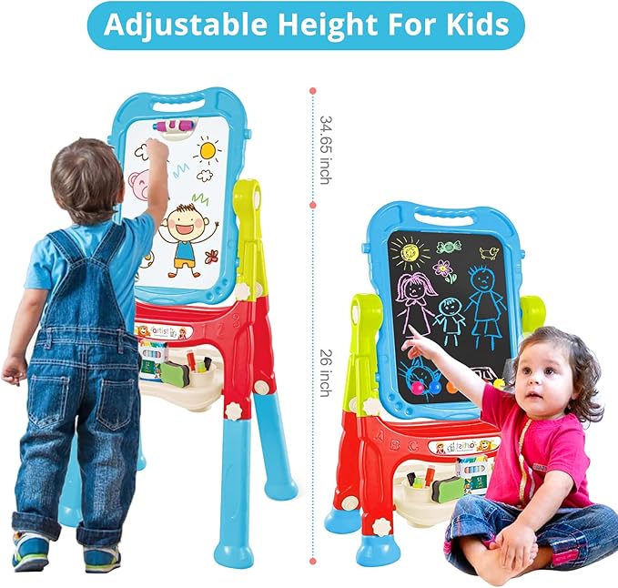 Kids Easel, Adjustable Standing Kids Easels for Toddlers, Double Magnetic Drawing Board with Painting Accessories, Present for Little Boys and Girls Age 3 4 5, Blue