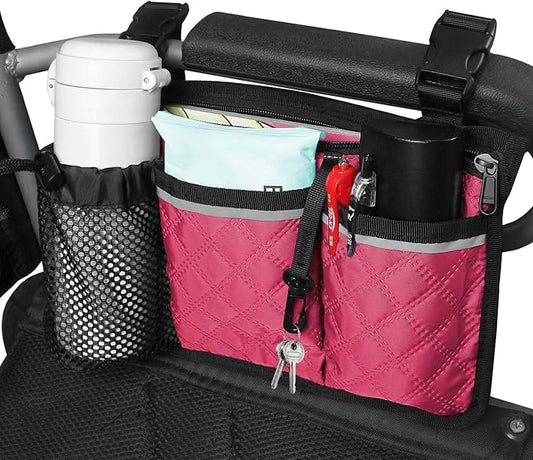 Wheelchair Bag with Cup Holder, Wheelchair Accessories Armrest Side Bag Multi Pockets Pouch for Electric Wheelchairs, Walker, Rollators & Mobility Scooters, Adults, Seniors, Plum
